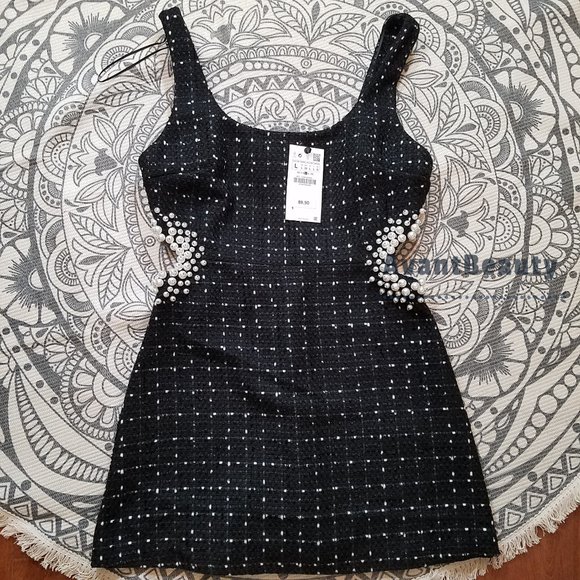 NWT ZARA SHORT STRAPPY TEXTURED DRESS PEARL BEADS BLACK LARGE REF.4786/335 BLOGG - Picture 3 of 7